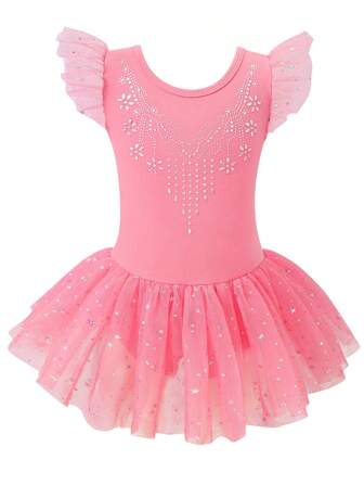 Girls' Ballet Leotard With Tulle Skirt, Children Short Sleeve Dance Gymnastics Ballet Dress Sports Costume