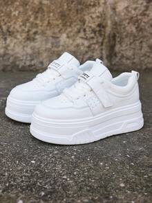 Frauen Plateau Keilsneaker, Studentinnen Freizeitschuhe, versteckter Absatz Schnüren & Klettverschluss Sporttrainer, rutschfeste, wasserdichte, weiße Schuhe mit hoher Sohle