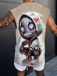 Camiseta de cuello redondo sin mangas casual con estampado de esqueleto y letras para hombre, de tela de poliéster adecuada para uso al aire libre y urbano, verano