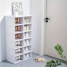 12 Tier Clear Shoe Storage Boxes Plastic Stackable Organiser Containers Bins, DIY Easy Assembly, Sturdy & Durable, Space Saving, White Door Frame - White - View 7