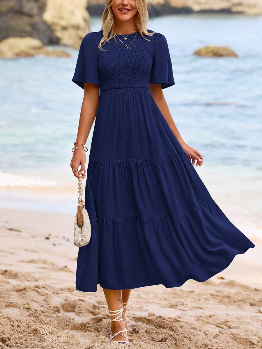 Women's Spring/Summer Casual Flutter Short Sleeve Midi Dress Cowl Layered Out Dresses