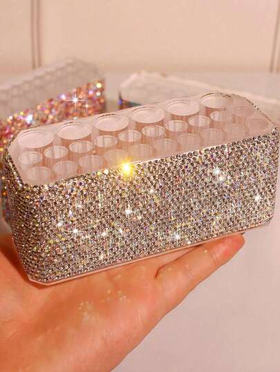 1个闪亮水钻化妆刷收纳盒，眉笔架，多孔奢华化妆品整理架，适用于卧室，房间装饰