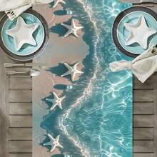 1pc Nautical Starfish Table Runner, Ocean Theme Non-Slip Woven Polyester, Rectangular Home Decor, Beach Style Faux Linen Table Runner