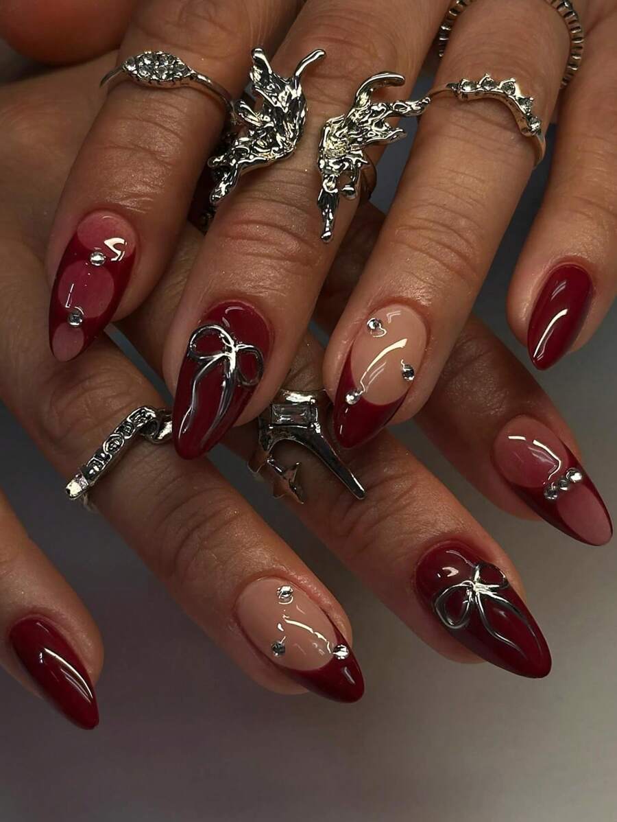 24Pcs 3d Gelnails Makes Bow Design Red French Tip Press On Nails Almond Design Fit Perfectly Acrylic False Nails Set,Embellished With Rhinestone,Include: 1pc Jelly Glue And 1pc Nail File, Valentine Nails & French Almond Tip Nails For Woman Girl Daily Wear Rave Party Use