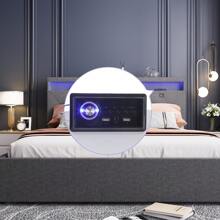 OYAJIA Polsterbett 140*200cm mit Bettkasten und Lattenrost aus Holz, Hydraulisches Stauraumbett mit LED-Kopfteil und Ladestation, Bett für Schlafzimmer und Gästezimmer, Leinen, Grau