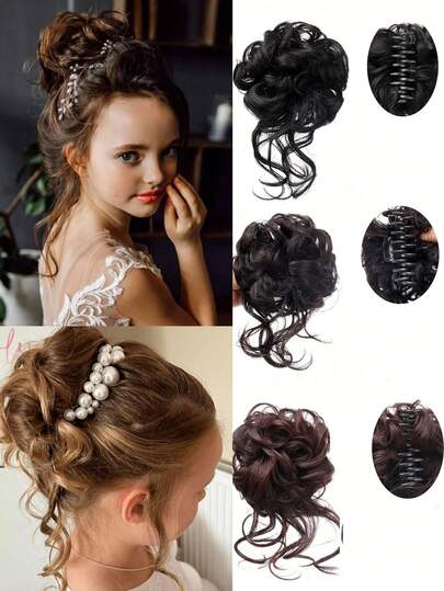 1 件适合所有儿童的蓬松凌乱发髻，派对用发髻发髻，自然造型大容量发髻，配有耐用发夹