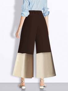 Pantalones de cintura regular con bolsillos y contraste de color para mujer, de tela de poliéster, lavables a máquina - Marrón - Ver 9