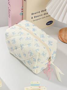 1Piece Quilted Handle Makeup Bag Small Quilted Cosmetic Bag Cute Bow Design Makeup Pouch Makeup Bag Aesthetic Travel Toiletry Bag Organizer Makeup Brushes Storage Bag For Women Bow Pencil Case For Makeup Pouch Skincare Bag Bag For School School Accessories School Stuff