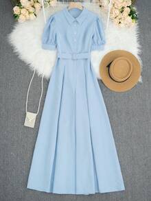 优雅女士长款阔腿连体裤，泡泡短袖，领口、纽扣和腰带细节设计 - 藍色 - 查看 5