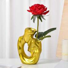 1PC,Creative Vase In The Shape Of A Human Face. Artistic Couple - Shaped Vases In Black, White, And Gold. Vases With Couple Silhouettes. Table Sculpture Vases For Weddings. Decorations For The Dessert Area, Offering Greater Ornamental Value.