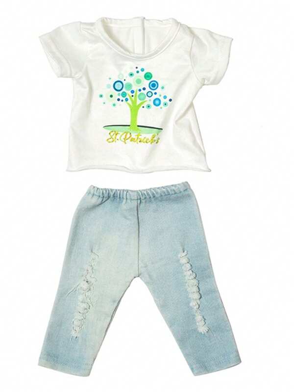Ropa y accesorios de Navidad para muñeca de 18"/43cm, set de camiseta blanca y pantalones vaqueros (muñeca no incluida)