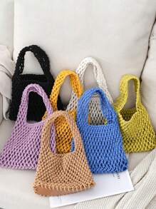 1pc Bohemian Style Woven Tote Bag, Striped Woven Handbag, Beach Bag, Casual Versatile Hollow Woven Handbag, Beach Bag