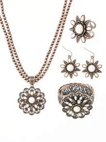 4 Stücke/Set Retro Europäischer & Amerikanischer Stil Boho Sonnenblumen Design Zinklegierung Vintage Kupfer Türkis Perlen Halskette, Ohrringe, Ring, Armband Set, geeignet für Kleidungskombination, Alltagstragen, Partys, Feiertage