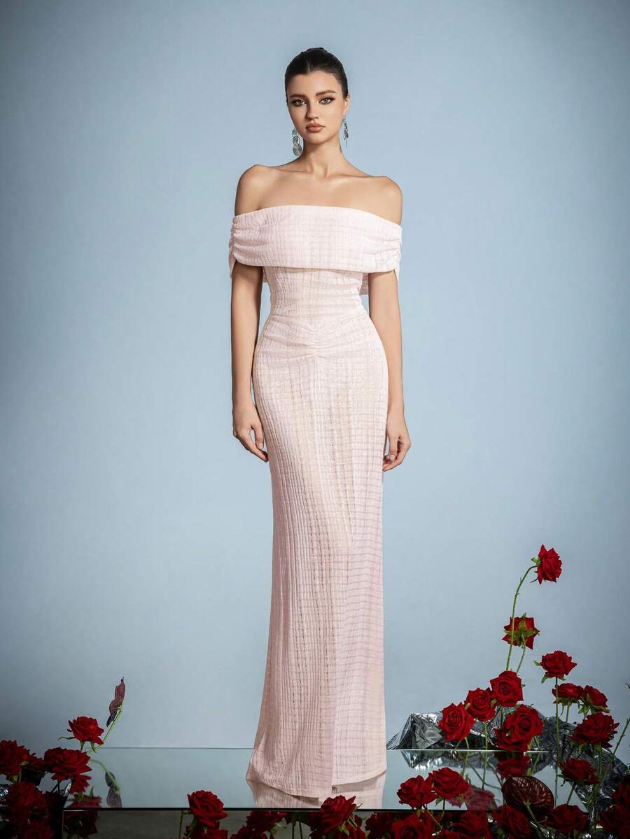 Faeriesty Elegant Plaid Off-Shoulder Floor-Length Formal Dress – Evening Party Dress For Evening Banquets, Wedding Guest & Fashion Shows - Baby Pink - View 1