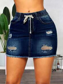 Women's Ripped Elastic Waist Fitted Denim  Skirt - Rửa tối - Xem 2