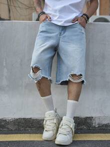 Men's Light-Colored Distressed Denim Shorts, 2025 Summer New High Street Cool Casual Streetwear Half Pants