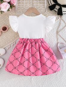 2pcs/Set Girls' Summer Outfit With Ruffle Cuff Blouse And Fashionable Pleated Skirt, Simple Design For Little Girls
