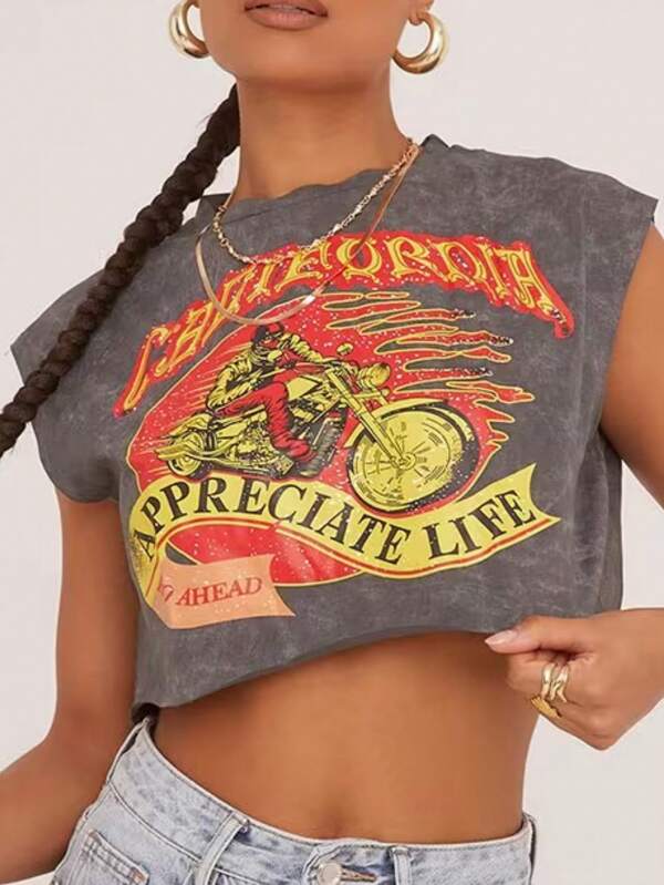 Top corto versátil con estampado de letras retro estadounidense y cuello halter para mujer, Y2K del verano
