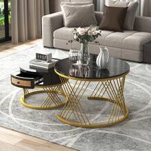 Montary 2 - in - 1 Runder Couchtisch aus MDF: Beistelltisch mit Marmor - Tischplatte, Kunststoff - Rattan - Schubladen, Massivholz - Griffen und goldenen Eisenfüßen (Schwarz + Gold) - Schwarz - Übersicht 3