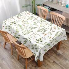 1pc Green Leaf Print Geometric Pattern Tablecloth, Modern Polyester Rectangular & Round Waterproof Tablecloth, Digital Printing Suitable For Living Room, Outdoor Dining, Small Round Table
