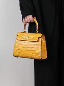 Bolso de moda para mujer de alta gama 2025, bolso de hombro/cruzado de lujo minimalista cuadrado, versátil para la oficina, de patrón de piel de cocodrilo amarillo retro y platino