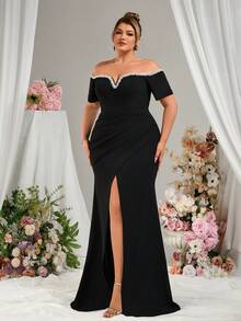 EVERLYL Vestido elegante de verano de punto con hombros caídos, escote en V, diseño de perlas, borde envuelto a la cadera y abertura cruzada, adecuado para invitados de boda, vestidos de graduación, cena