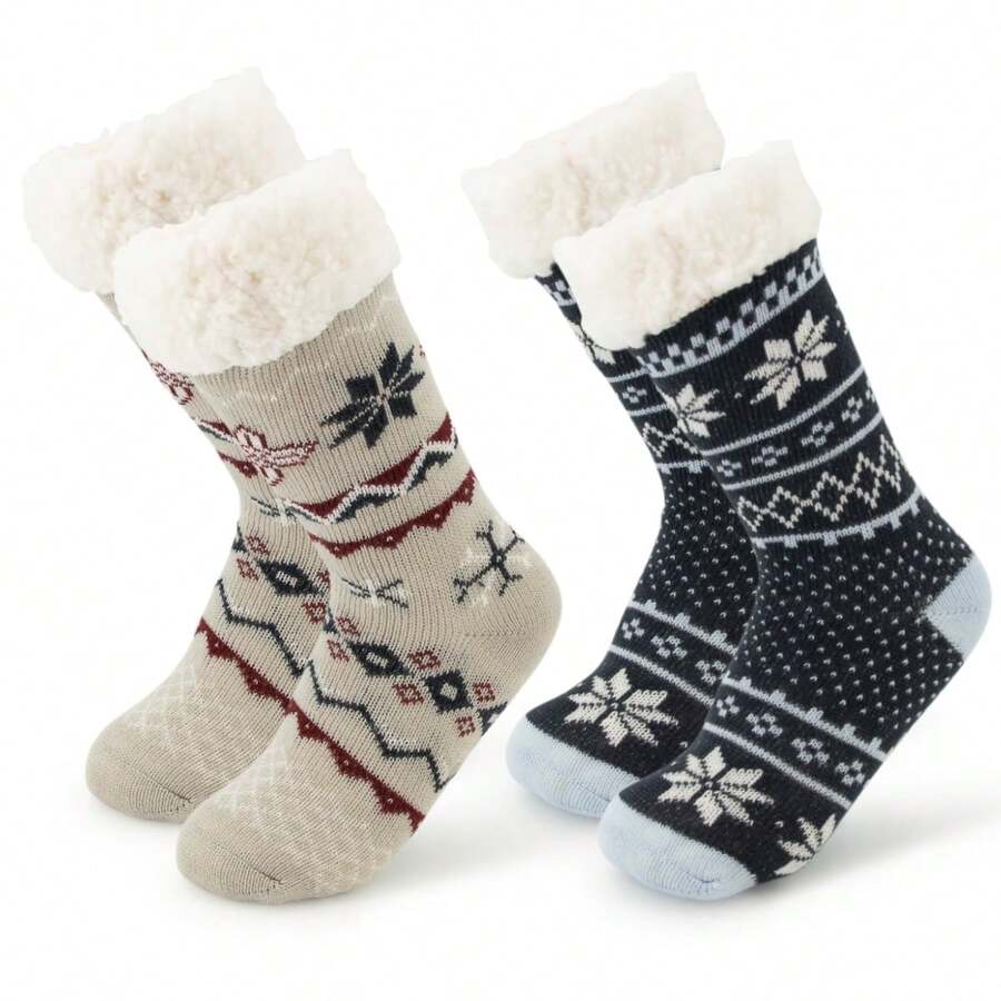 Kit 2 Pairs Thermal Sheep Wool Socks Plush For Cold Weather Velvety Countryside Feminine Yarn 220 Flannel Cold Storage Farms Thick Thick Elderly Winter Wool Lined - 彩色 - 查看 1