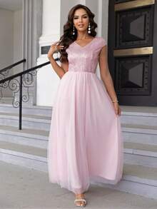 Joyfunear Elegantes einfarbiges Damen Paillettenkleid mit Kontrastmesh für Partys - Pink - Übersicht 2