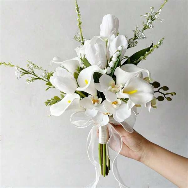 Hochzeits-Braut-Hochzeits-Rosen-Calla-Lilien-Strauß Party-Dekoration Künstliche Blumen Braut-Brautstrauß, Hochzeitsblumenstrauß, Hochzeits-Haltblumen, Bridal-Shower Hochzeitszeremonie Jahrestag