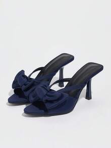 Giày cao gót mũi nhọn đính nơ trang trí cho nữ, phong cách tiệc tùng, chất liệu satin xanh navy, mùa hè và thu - Màu xanh hải quân - Xem 7