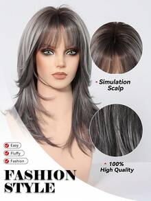 18-Inch Elegant Grey Long Curly Wig With Highlights And Bangs - Dark Roots To Light Tips Synthetic Hair Wigs For Women Daily Party Holiday Travel(Pay Attention To How You Wear And Care For It) - Xám - Xem 5