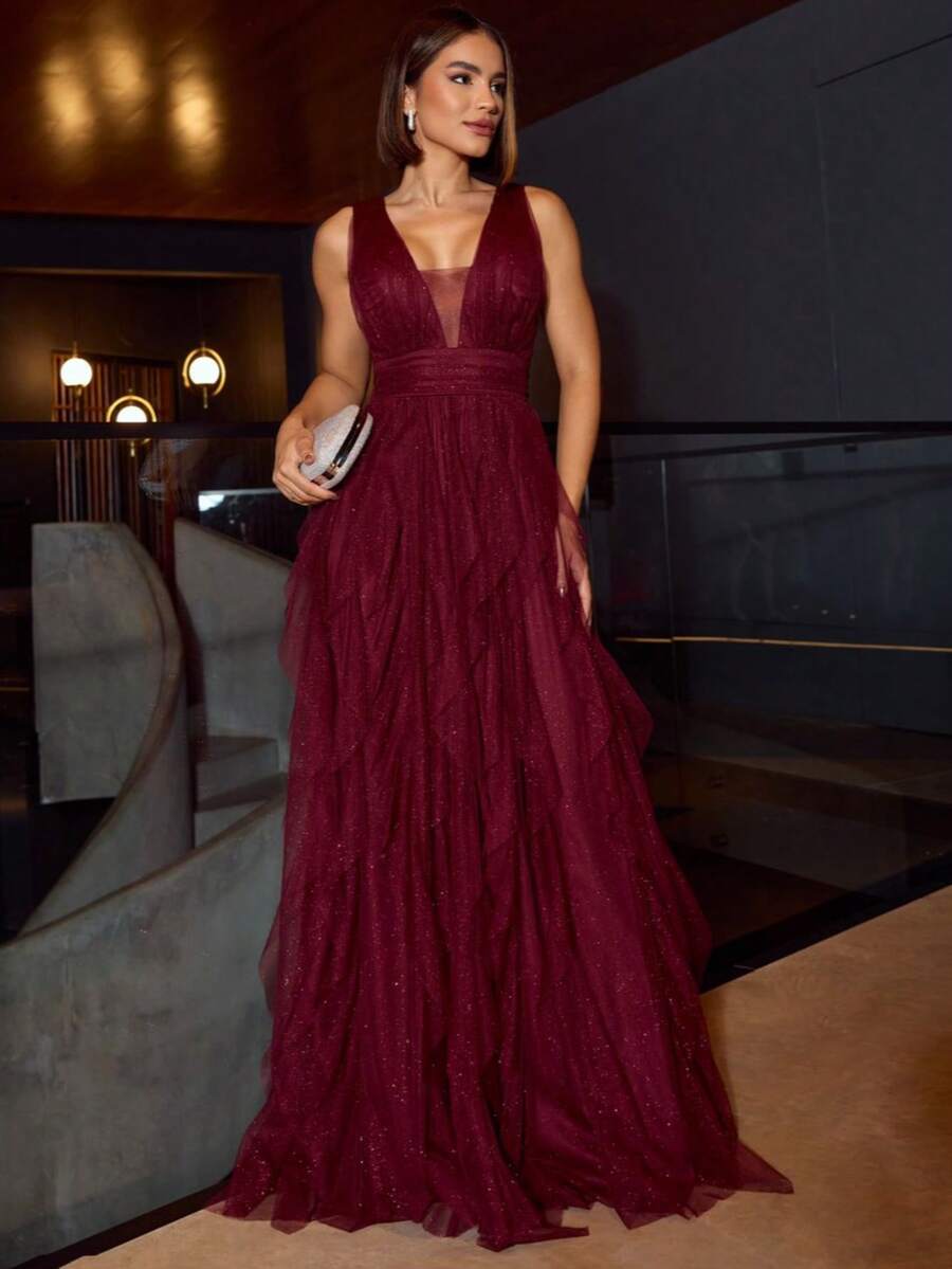 LONG WEDDING PARTY DRESS FOR GODMOTHER IN TULLE WITH SHINE AND WATERFALL SKIRT - 紅木色 - 查看 1