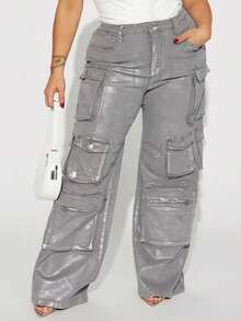 GLOURI Y2K Metallic Silver Cargo Jeans - High Waist Baggy Straight Leg Pants W/ Stretch With Multi-Pockets | Streetwear Festival Pants For Night Out And Weekend Vibes - Bạc - Xem 5