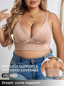 Plus Size Women Front Closure Wireless Comfortable Casual Bra - Apricot - View 4