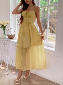 PoPoHouse Damen langes Kleid Sommer Boho Urlaubskleid Festival elegant Trägerkleid - Gelb - Übersicht 4