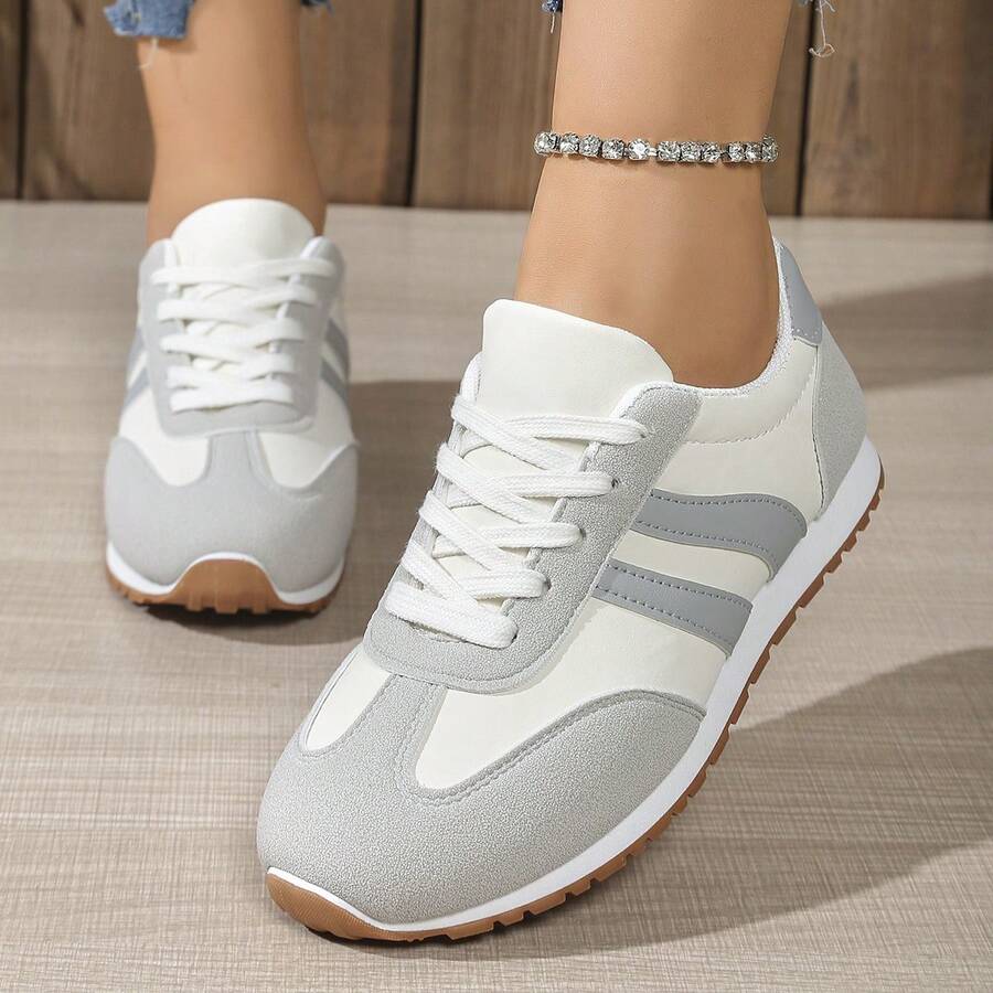 Women's Round Toe Lace Up Casual Sneakers - Grey - View 1
