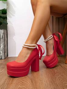 Scarpin Feminino de Salto Alto, Novos Saltos Altos Vermelhos com Plataforma Impermeável e Fita de Pérolas, Sapatos de Moda Slip-On - Vermelho - Visão 3