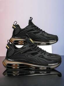 Zapatos deportivos casuales para hombres, unicolor, ligeros, con amortiguación de choque y suela gruesa, zapatillas deportivas de moda adecuados para la vida diaria, correr, entrenar, hacer senderismo, en todas las estaciones - oro negro - Ver 16