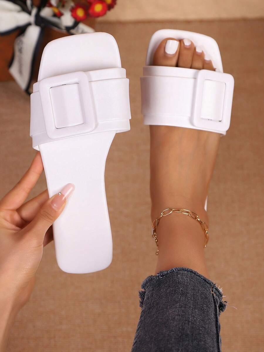 Minimalist Strap Flat Sandals, European & American Style Solid Color, Adjustable Buckle Design, Comfortable & Versatile, Suitable For Street & Vacation, Essential Summer Fashion Item!