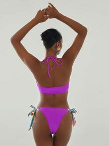 Summer Sexy Bikini Swimwear, Random Print Hollow Out Strap Beach Holiday Swimwear - Purple - View 3