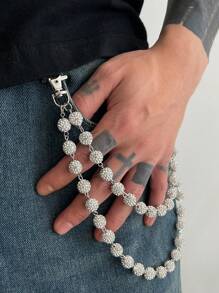 1pc Solid Color Rhinestone Pearl Punk Dual Chain Belt Keychain, Waist Accessory Suitable For Gift, Party, And Casual Outfit