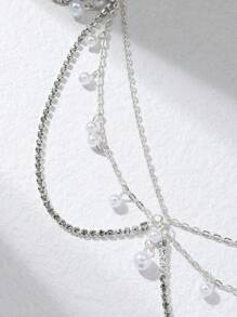 1pc Silver Pearl & Cubic Zirconia Claw Chain Tassel Headchain, Minimalist & Elegant Style Bridal Hair Accessory