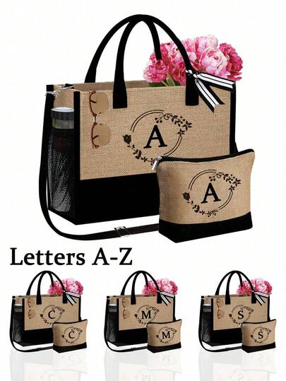 黑色和卡其色撞色帆布手提袋，印有A-Z字母图案，附赠化妆收纳袋，可作为个性化礼物袋，大容量，便携，休闲收纳，适合生日、海滩、度假、上学等场合，是送给女性、妈妈、老师、朋友的绝佳礼物。返校季必备，简约手提包，多功能购物袋，春夏新款女士休闲购物单肩包