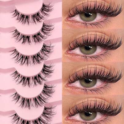  Asiteo 7 Pairs Natural Messy Cat Eye False Eyelashes, Transparent Band, Cat Eye Makeup Effect, Thin & Long, Extended Outer Corner, Soft & Natural Looking False Lashes