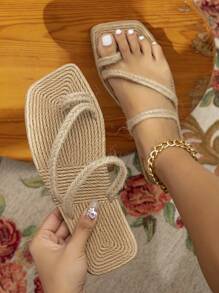 Women's Summer New Faux Linen Rope Bottom Flat Sandals, Ladies Beach Holiday Shoes