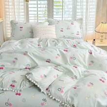 Juego de ropa de cama con estampado de cerezas de la serie Campus con borlas bordadas (1 * Funda nórdica + 2 * Fundas de almohada, sin relleno), juego de ropa de cama suave y cómoda con impresión digital adecuado para dormitorio, habitación de invitados, hotel, dormitorio, tamaño king, queen, twin