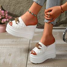Women's 2025 Spring New Wedge Slippers, Versatile Outdoor Wear For Petite, Platform Thick Bottom Lining, Peep Toe Sandals With Wedge Heel, Sweet Bow And Floral Decor