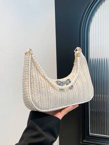 时尚珍珠链月牙单肩包，草编单肩包，金属蝴蝶结装饰，度假休闲包，沙滩包，时尚单肩法棍包，手提小包，户外休闲包，百搭通勤包 - 米色 - 查看 6