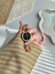 1pc Women Round Elegant Glamorous Quartz Watch, Versatile For Daily Wear Or Gatherings Halloween, Gifts