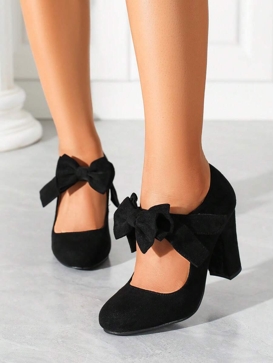 Women's Bowknot Mary Jane Block Heel Round Pumps Closed Toe Dress Shoes - 黑色 - 查看 1